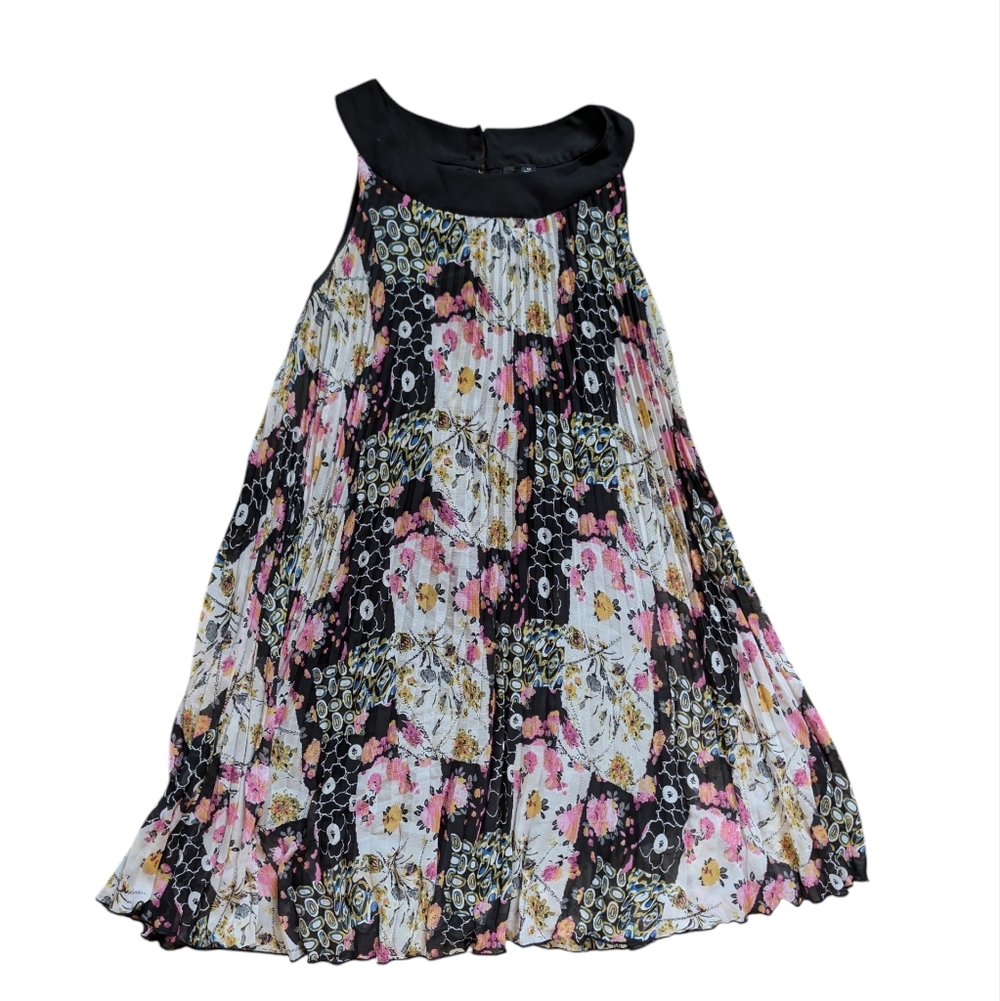 Essentials by Milano Pleated Floral Halter Mini Dress Pink & Black Mod Print